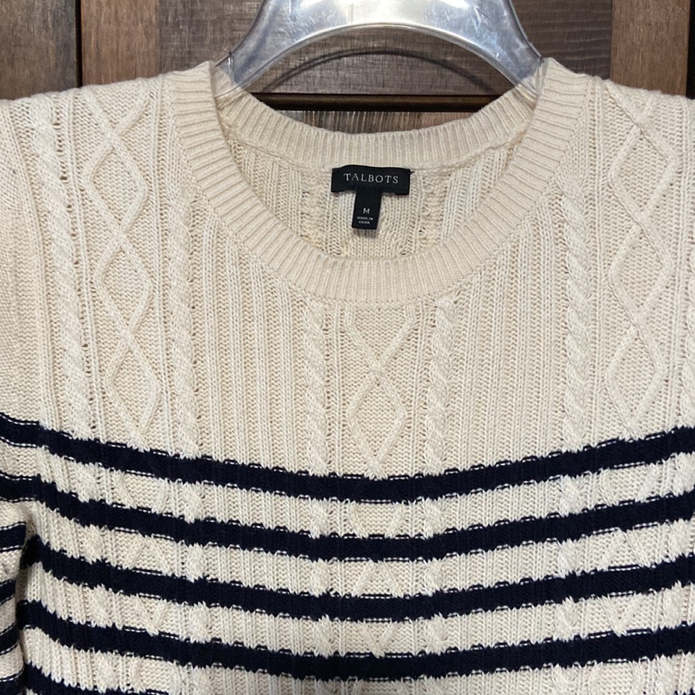 TALBOTS Cream Navy Blue Striped Crewneck Pullover Peplum Sweater Like New S M - Picture 2 of 4